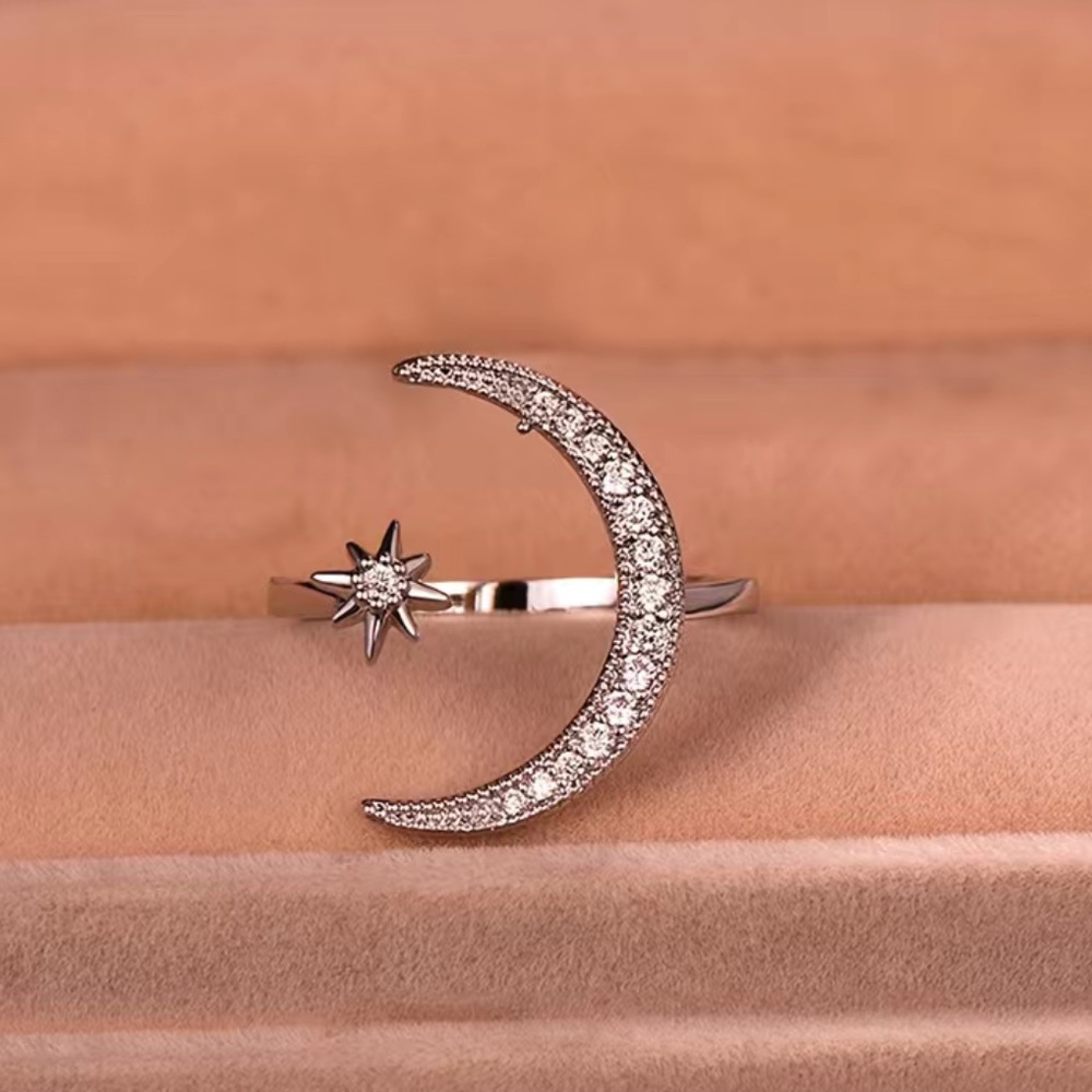 Adjustable Size Cuff Ring Crescent Moon And Star Design Shape Inlaid Rhinestones - Picture 4 of 8